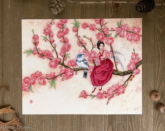 Peach Blossom - Spring Fairy art print, Korean dress, fairy and bird, Pink flowers, fairy tale art, watercolor print,