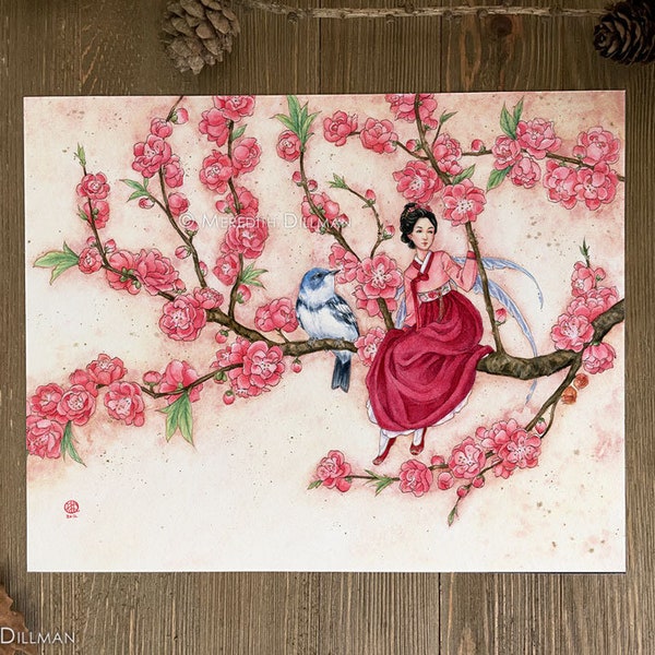 Peach Blossom - Spring Fairy art print, Korean dress, fairy and bird, Pink flowers, fairy tale art, watercolor print,