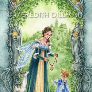 May include: A woman with wings and a green dress gives a golden coin to a young girl with wings and a blue dress. They are standing in front of a stone archway with a castle in the background.