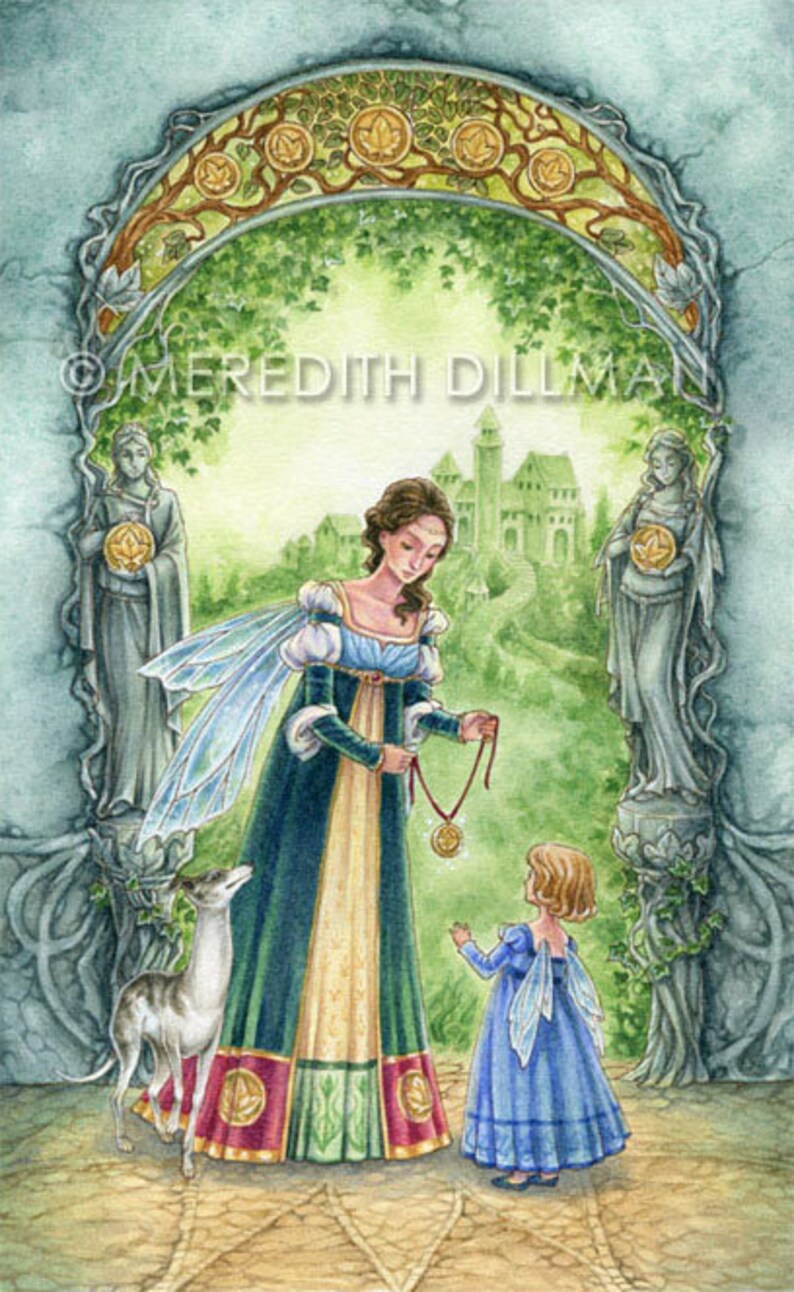 May include: A woman with wings and a green dress gives a golden coin to a young girl with wings and a blue dress. They are standing in front of a stone archway with a castle in the background.