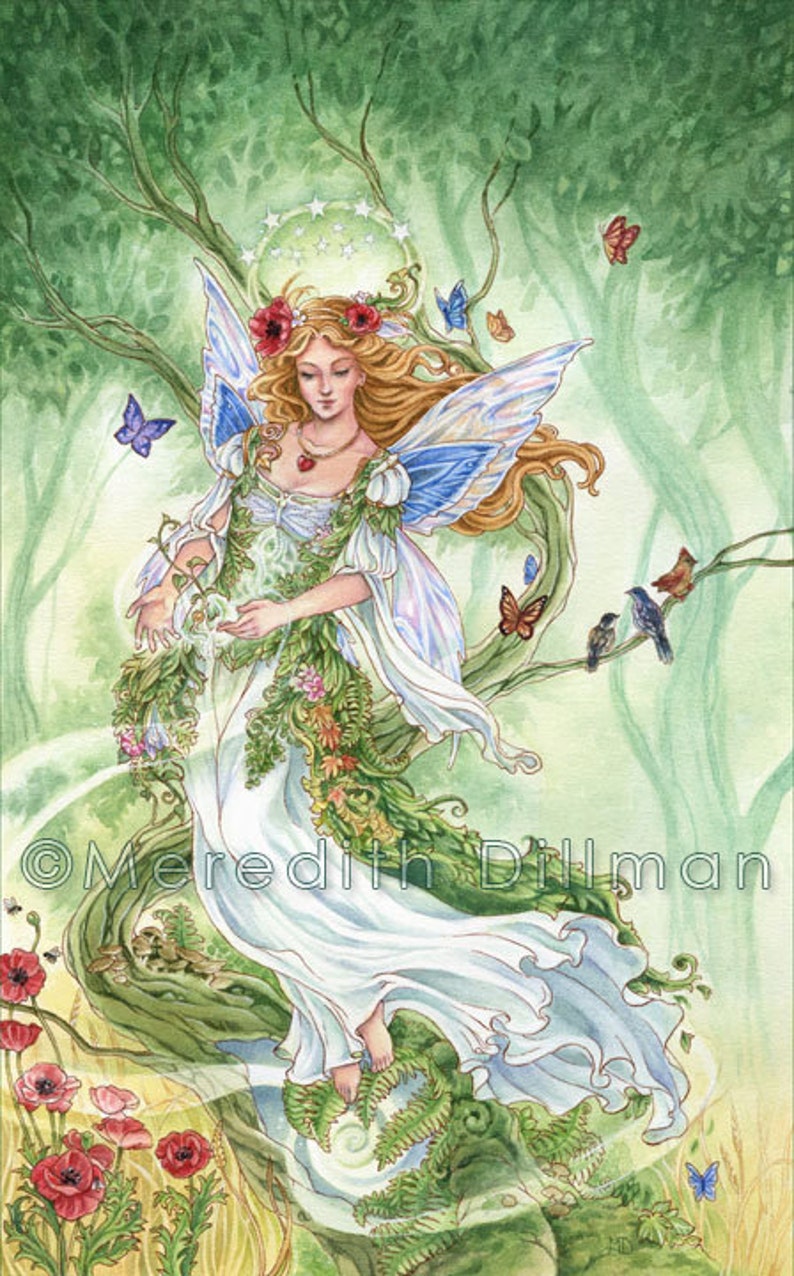 May include: A watercolor painting of a fairy with blue wings and a white dress, surrounded by green foliage and flowers. The fairy is holding a small, glowing orb in her hands. The painting is signed "Meredith Dillman".