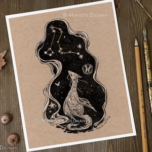 Draco Constellation art print, Dragon art print, Ink drawing Art Nouveau, stars, 8x10