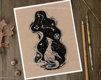 Draco Constellation art print, Dragon art print, Ink drawing Art Nouveau, stars, 8x10