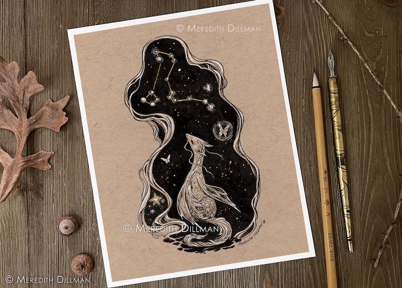 May include: A black and white ink illustration of a creature with a long neck and tail, looking up at a constellation of stars. The creature is surrounded by a swirling cloud of ink, and there are small butterflies scattered throughout the image. The background is a light brown paper.