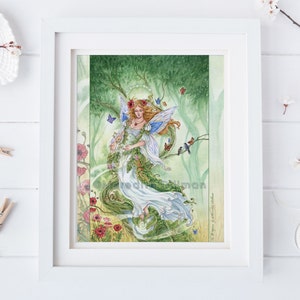 May include: A watercolor painting of a fairy with blue wings and a white dress, surrounded by green leaves, flowers, and butterflies. The fairy is holding a wreath of flowers in her hands. The painting is titled "The Spirit of Spring" by Meredith Dillman.