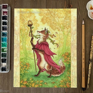 Magical Fox Wizard, Ace of Wands tarot art print, fox art print, Ink drawing, woodland animal 8x10 image 1