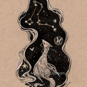 May include: A black and white ink illustration of a mythical creature with a long, slender body and a tail, looking up at a constellation of stars in a dark sky. The creature is surrounded by swirling lines and a few small butterflies. The text "Meredith Dillman" is signed in the bottom right corner.