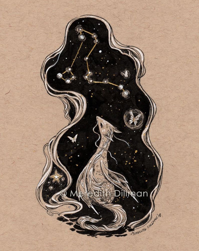May include: A black and white ink illustration of a mythical creature with a long, slender body and a tail, looking up at a constellation of stars in a dark sky. The creature is surrounded by swirling lines and a few small butterflies. The text "Meredith Dillman" is signed in the bottom right corner.