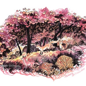 May include: A watercolor painting of a forest scene with pink and orange leaves. There are three foxes in the scene, two are walking and one is sitting. The painting is signed "Meredith Dillman 2020".