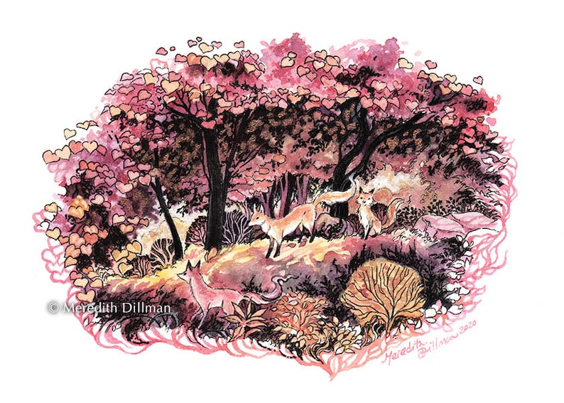 May include: A watercolor painting of a forest scene with pink and orange leaves. There are three foxes in the scene, two are walking and one is sitting. The painting is signed "Meredith Dillman 2020".