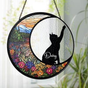 Custom Name Black Cat Moon Glass Suncatcher, Cat Moon Decor,Black Cat Suncatcher, Window, Cat Lover Gift, Halloween Suncatcher, Cat Moon Art
