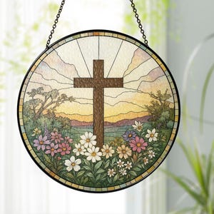 Stained Glass Cross And Wildflowers Suncatcher Christian Glass Windows Hanging Flower Cross Gift For Religious Easter Faith Cross Home Decor