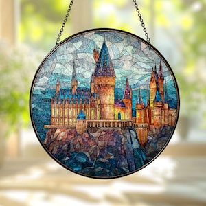 Enchanted Castle Faux Stained Glass Suncatcher – Wizarding Window Hanging Glass Suncatcher, Magical Decor Gift for Fantasy Lovers