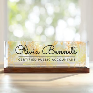 Plaque nominative de bureau CPA personnalisée - Enseigne de bureau en acrylique personnalisée pour expert-comptable certifié - Cadeau plaque nominative professionnelle florale