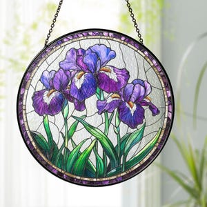 Purple Iris Glass Decor, Iris Flower Suncatcher, Iris Flower Gift, Elegant Stained Glass Window Hanging, Sunlight Catcher for Home Decor