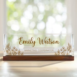 Personalized Desk Name Acrylic Plaque, Custom Office Plate with Name and Position, Floral Name Sign Acrylic Plaque, Gift for Graduation