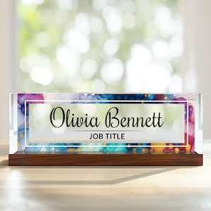 Personalized Name Plate for Desk, Flowers Wild Design On Clear Acrylic Glass, Custom Office Decor Nameplate Sign, Personalized Gift