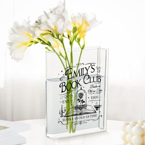 Personalized  Books As Old As Time Book Vase - Personalized Book Club Gift, Romantic Vintage Book Lover Decor, Glass Book Shaped Flower Vase