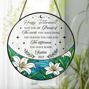Personalized Floral Retirement Stained Glass Suncatcher, Retirement Gift, Retirement Keepsake, Retirement Gifts, Gift for Coworkers