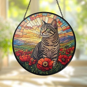 Cat Stained Glass Suncatcher, Mothers Day Gift For Mom, Poppies Flower Suncatcher, Tabby Cat Hanging Window, Cat Lover Gift, Flowers Field