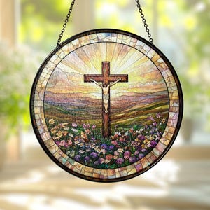 Stained Glass Cross And Wildflowers Suncatcher, Christian Glass Windows Hanging, Flower Cross Gift For Religious, Christian Faith Home Decor