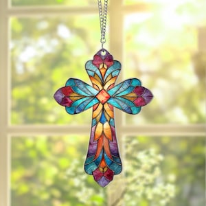 Cross Christian Acrylic Suncatcher, Christian Window Hanging,Stained Glass Cross Suncatcher,Religious Thanksgiving Day Decor,Christmas Decor
