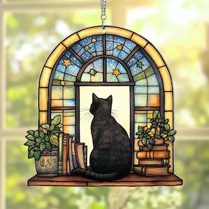 Schwarze Katze und Buch Acryl Suncatcher, Buch Fenster Dekor, Buch Liebhaber Geschenk, lesende Katze Acryl Fenster hängen, Katzen Liebhaber Geschenk, Bibliothekar Geschenk