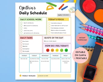 Editable Daily Schedule Template, Homeschool routine, Kids Daily Schedule, Kids responsibility, Daily Chore Chart, Homeschool Planner