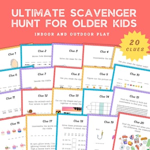 May include: A colourful set of 20 scavenger hunt clues for older children. The clues are printed on individual cards with various puzzles and riddles. The cards are arranged in a grid pattern on a pink background.