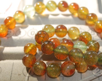 10MM Green Orange Dragon Vein Loose Beads Jewelry Supplies 38 Count, Dragon Vein Beads, Vein Agate Stone Beads, Agate Gemstones, Fire Agate