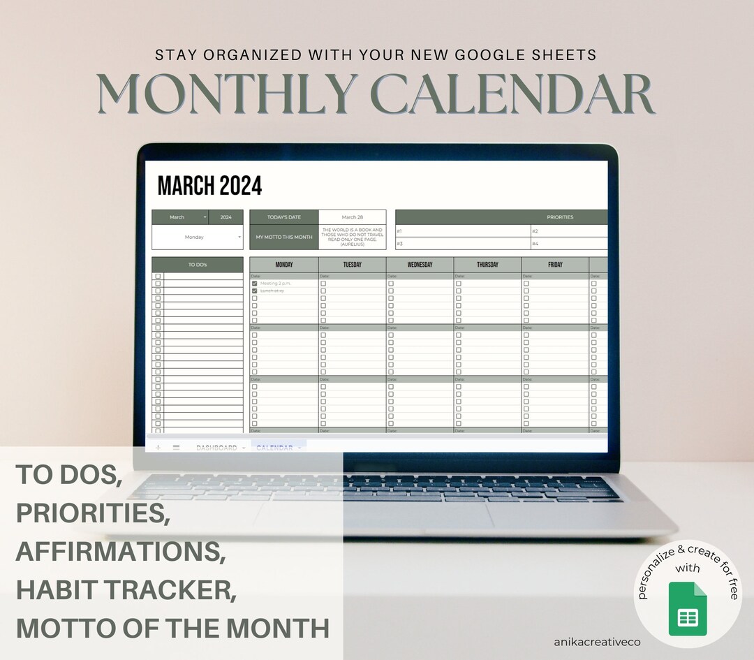 Google Sheets Calendar Daily To dos Monthly Priorities Motto Of The Google sheets calendar daily to dos monthly priorities motto of the