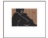 Nude female figure linocut print (linocut) with Chine-collé (collage)