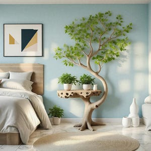 Solid Wood Tree Shaped Bedside Table with Built-In Night Light, Unique Nature-Inspired Nightstand, Rustic Bedroom Furniture, 50"H x 40"W”