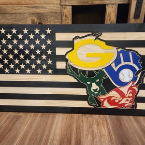 Drapeau sportif du Wisconsin en bois sculpté, décoration d'équipe, décoration murale, idées cadeau pour anniversaire, vacances, anniversaire de mariage
