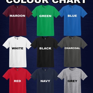 May include: Color chart showing 10 different t-shirt colors: maroon, green, blue, white, black, charcoal, red, navy, grey.