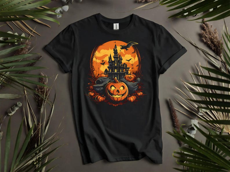 Puede incluir: Camiseta negra con un dise&ntilde;o de Halloween. El gr&aacute;fico incluye una calabaza tallada, un castillo embrujado, murci&eacute;lagos y una luna llena. El dise&ntilde;o es en tonos naranja, negro y amarillo. La camiseta se muestra sobre un fondo neutro con vegetaci&oacute;n.