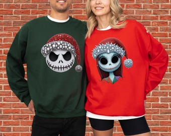 Camiseta navideña de Jack Skellington y Sally / Camiseta gráfica divertida personalizada / Estampado de algodón de calidad / Tallas para adultos, niños y mujeres / Opciones de sudadera con capucha y mono / N857