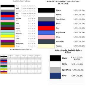 May include: A graphic displaying available colors and sizes for various apparel items. The image includes color swatches and size options for women's, kids', and unisex hoodies. Colors include black, white, navy, red, and more. Sizes range from XS to 5XL.