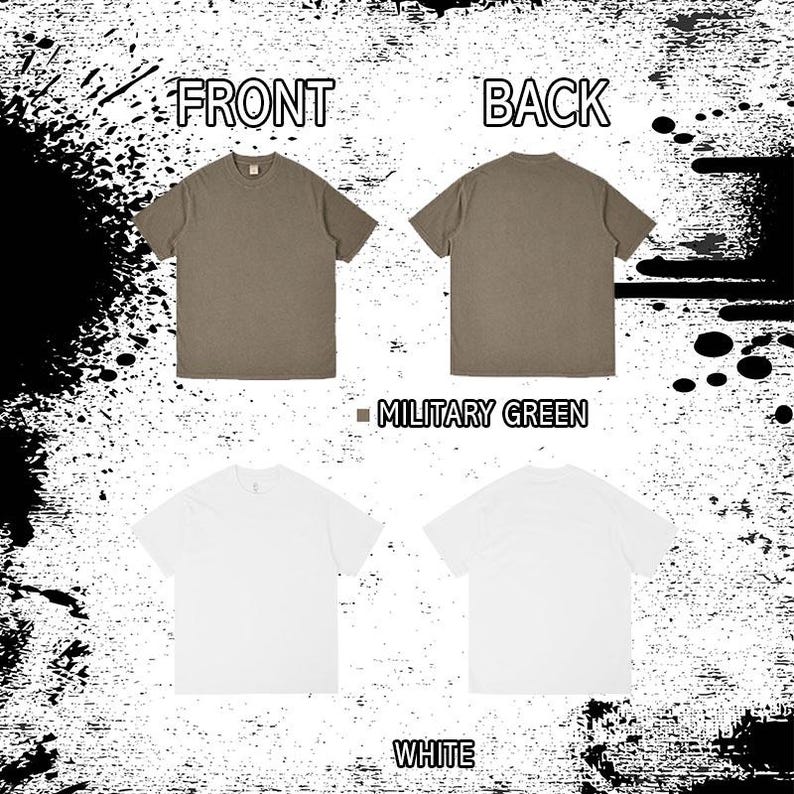 K&ouml;nnte beinhalten: Das Bild zeigt Vorder- und R&uuml;ckansichten von zwei T-Shirts. Eines ist milit&auml;rgr&uuml;n, das andere ist wei&szlig;. Die Texte "FRONT" und "BACK" stehen oben. Die Texte "MILITARY GREEN" und "WHITE" stehen unten.