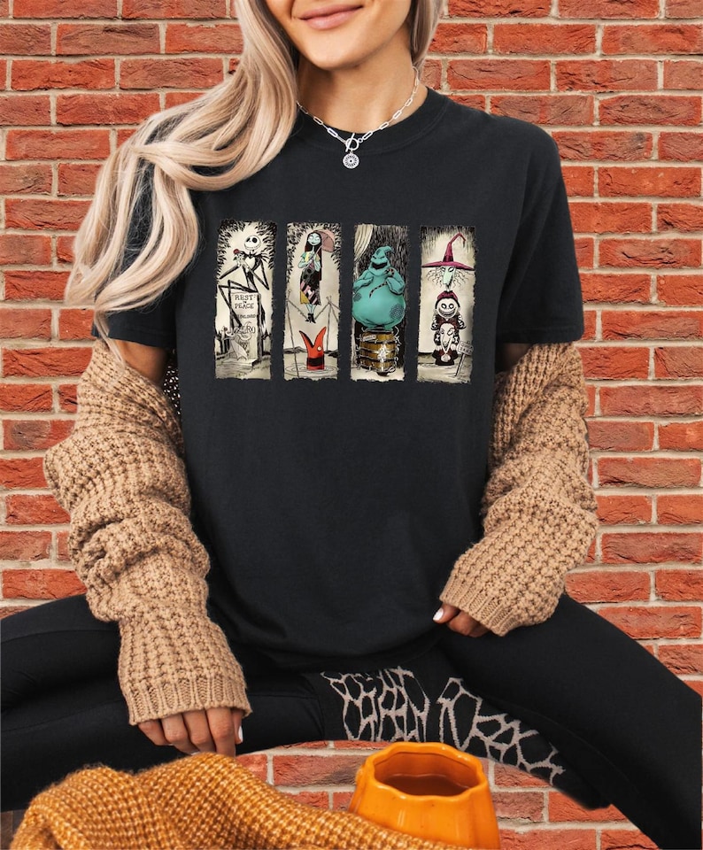 Graphic T-shirt design printed on unisex apparel – available as T-shirt, hoodie, sweatshirt and romper. High-quality DTF print. Perfect for gifts, family shirts, matching outfits, friends tees. Disney Halloween Nightmare Before Xmas