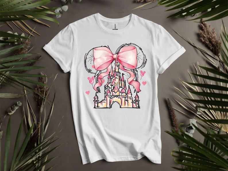 May include: White t-shirt featuring a pink bow and a castle design. The castle is pink and yellow with a pink ribbon. The design includes pink hearts and Mickey Mouse silhouettes. The shirt is a short-sleeved crew neck.