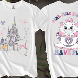 2-seitiges Marie Katzen Mädchen Just Wanna Have Fun Benutzerdefinierte T-Shirts für Männer, Frauen und Kinder - Größen S bis 5XL | Damen T-Shirts erhältlich AB91-2