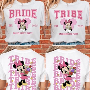 Bride Tribe Bachelorette Party, cute pink bride tribe matching bachelorette party shirt romper hoodie sweatshirt with bow and flowers and customizable names 2025. Minnie Mouse