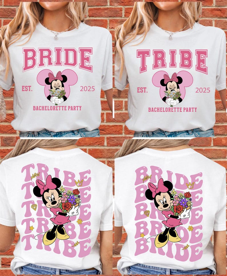 Bride Tribe Bachelorette Party, cute pink bride tribe matching bachelorette party shirt romper hoodie sweatshirt with bow and flowers and customizable names 2025. Minnie Mouse