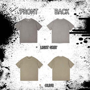 K&ouml;nnte beinhalten: Produktbild mit Vorder- und R&uuml;ckansicht von zwei kurz&auml;rmeligen T-Shirts in Hellgrau und Oliv. Die Texte "FRONT" und "BACK" sind &uuml;ber den Shirts zu sehen. Die Texte "LIGHT GREY" und "OLIVE" sind ebenfalls abgebildet.