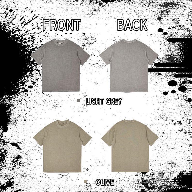 K&ouml;nnte beinhalten: Produktbild mit Vorder- und R&uuml;ckansicht von zwei kurz&auml;rmeligen T-Shirts in Hellgrau und Oliv. Die Texte "FRONT" und "BACK" sind &uuml;ber den Shirts zu sehen. Die Texte "LIGHT GREY" und "OLIVE" sind ebenfalls abgebildet.