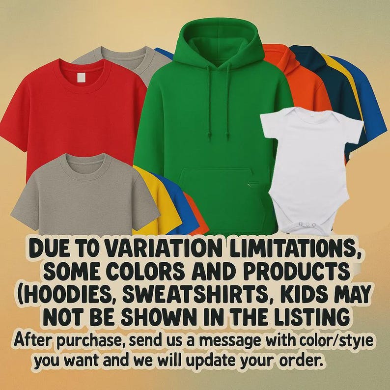 Multiple color options available for unisex t-shirts, hoodies, sweatshirts and baby rompers, showing full garment and color variety for customer selection.