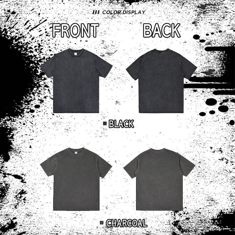 K&ouml;nnte beinhalten: Produktbild mit zwei T-Shirts, eines in Schwarz und eines in Anthrazit, das die Vorder- und R&uuml;ckansicht zeigt. Der Text "COLOR DISPLAY", "FRONT" und "BACK" ist sichtbar. Der Hintergrund hat ein wei&szlig;es und schwarzes Spritzmuster.