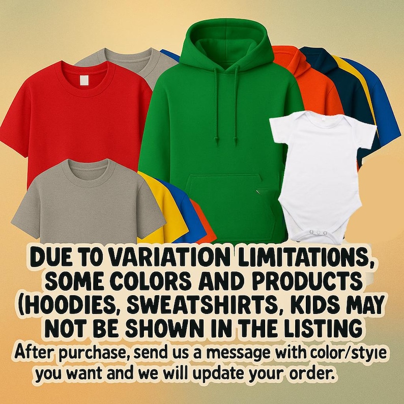 Multiple color options available for unisex t-shirts, hoodies, sweatshirts and baby rompers, showing full garment and color variety for customer selection.