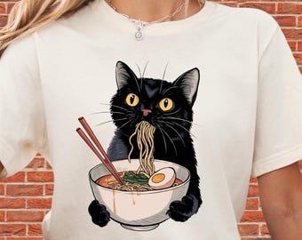 Cat and Ramen Unisex T-shirt med Hoodie och Sparkdräkt | Premium DTF-tryck | Vintage- och estetiska stilar | N16